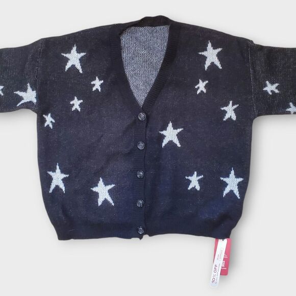 Romwe NWT Cardigan Knit Sweater Black White Stars Crop Size XL, EUR 44, US 12‎ - Picture 1 of 11